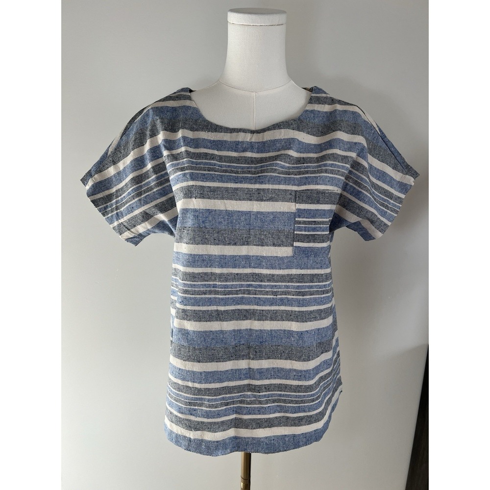Women's Linen Lux Blue‎ Striped Short Sleeve Blouse Size XS Pocket